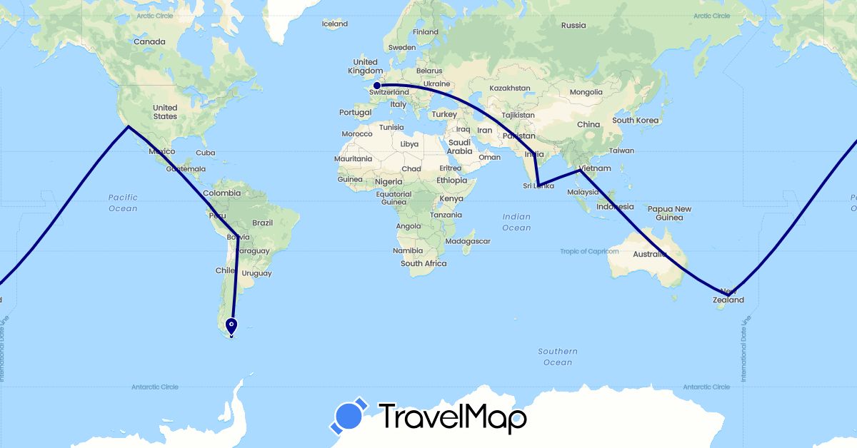 TravelMap itinerary: driving in Argentina, Bolivia, Ecuador, France, India, Sri Lanka, New Zealand, Peru, Thailand, United States (Asia, Europe, North America, Oceania, South America)